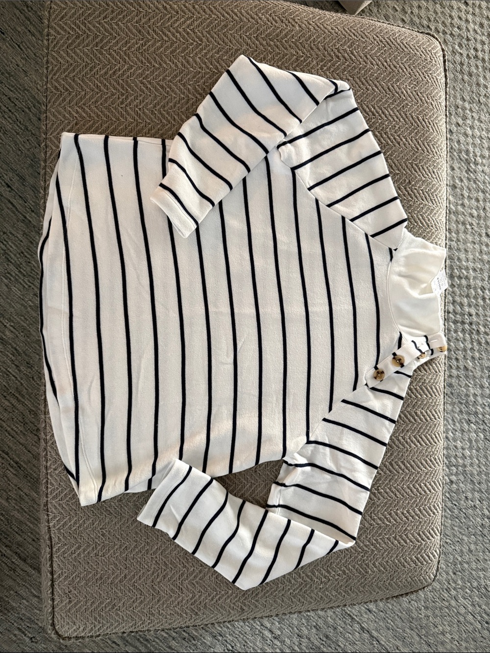 J. Crew White Top with Black Stripes and Button Shoulder